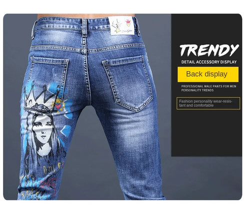 Slim Fit Korean Streetwear Graphical Printed Luxury Hip-Hop Stretch Denim Jeans for Men - Perfect Medium Wash Jeans Outfit